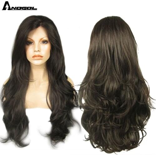 Anogol Dark Brown Synthetic Lace Front Wigs Glueless Natural Long Body Wave Heat Resistant Fiber For Black Women