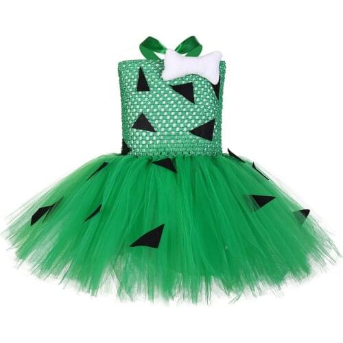 Flintstones Costume Girl Tutu Dress Green St. Patricks Day Wear Children Birthday Party Clothing Knee-length Dress Pebbles Bone