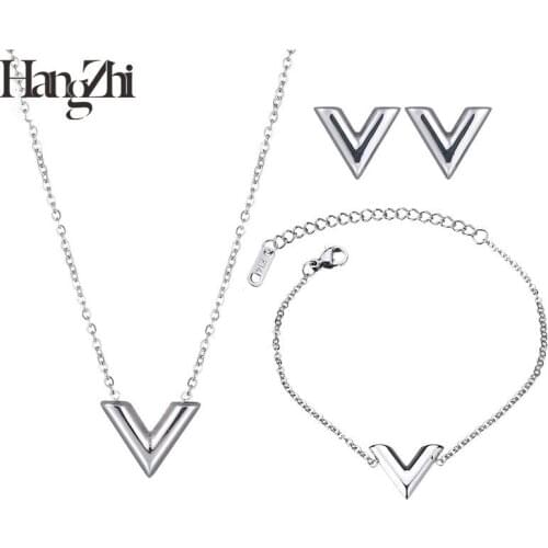 HANGZHI 2021 New Three-piece Korean V-shaped Letter Necklace Bracelet Earrings Simple Womens Girl Fashion Jewelry Gift