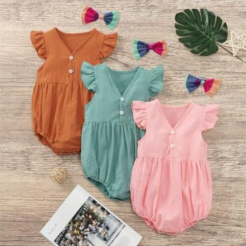 0-24M Cute Newborn Baby Girl Fly Sleeve Solid Color V-neck Cotton Romper Jumpsuit Headband 2PCS Outfits Summer Clothes