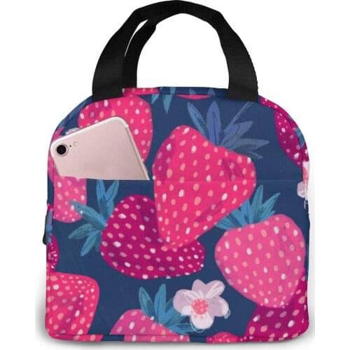 Insulated Lunch Bag Thermal Pink Strawberry And Flowers Tote Bags Cooler Picnic Food Lunch Box Bag