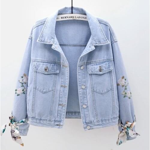 Embroidery Flowers Denim Jacket Women Outerwear Spring Fashion Bow Long sleeve Short Jeans Jacket Coat Female Casual Streetwear