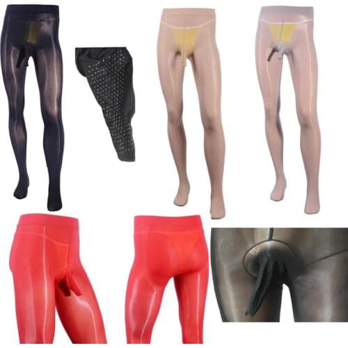 Sissy Men Full Length Oil Shiny Penis Sheath Pantyhose Inner Silicone Studs Sheer Glossy Stockings Nylons Tights Hosiery