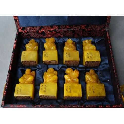 10" Chinese Natural Shoushan Stone Myth Eight Immortals Seal Stamp Signet Set