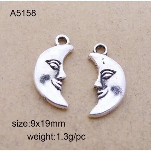 25pcs Zinc Alloy Tibetan Silver Tone Moon Charms Small DIY Jewelry Metal Findings for Bracelets 9*19mm 1.3g