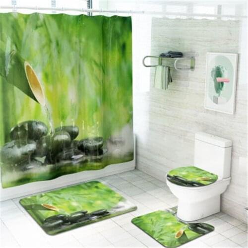 4Pcs/set Bathroom Mat Set Non-slip Pastoral Bamboo Bath Mat Shower Curtain Floor Mat Washable Bathroom Toilet Rug