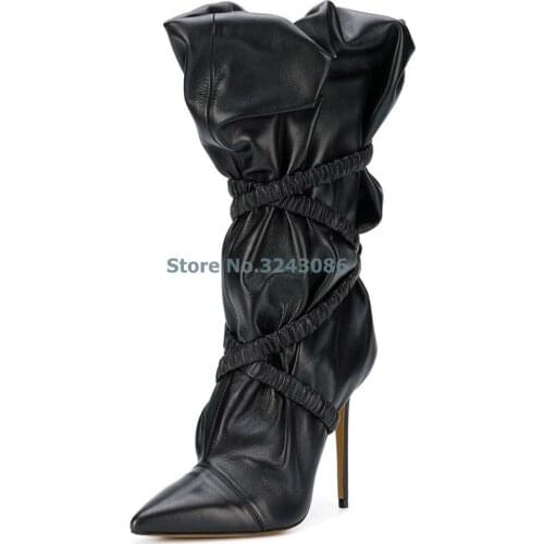 Pointed Toe Pleated Faux Sheepskin Thin High Heels Boots Braided Strap Cross Tied Shoes Fashion Sexy Slip On Mid Calf Boots