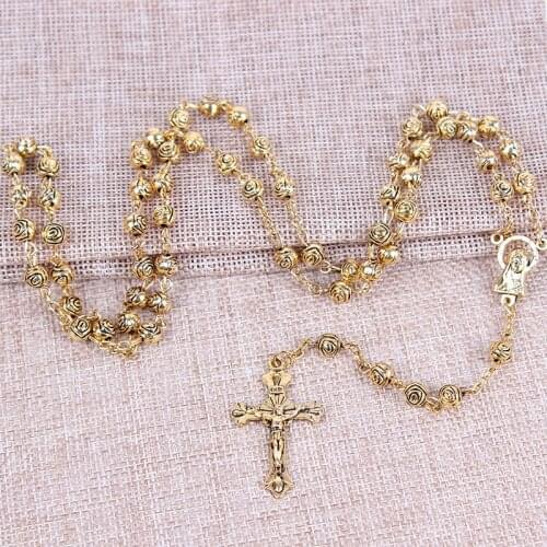 Retro Jesus gold Cross Rose Long Necklaces CCB Beads Pendant Rosary Necklace Stylish Christian Men Mala Jewelry