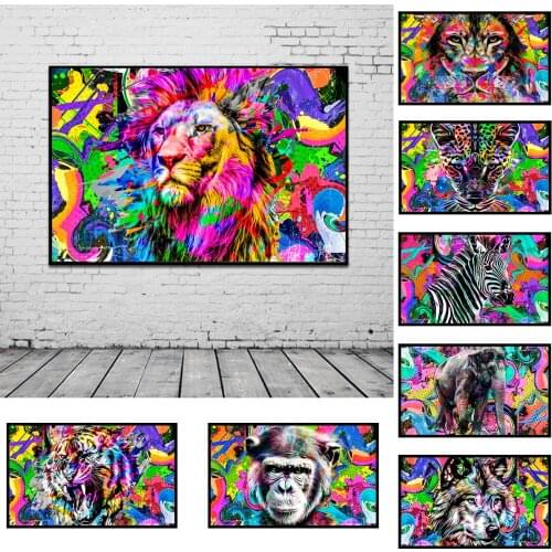Graffiti Art Animal Canvas Painting Lion Tiger Elephant Dog Wall Pictures Living Room Decor Poster and Prints Home Decor Mural