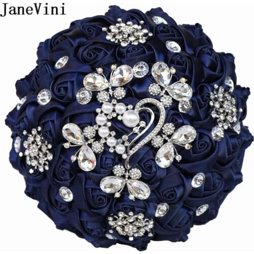 JaneVini Custom Size Color Bride Bouquet Navy Blue Satin Crystal Flowers Bridal Bridesmaid Wedding Bouquets Bukiet Niebieski