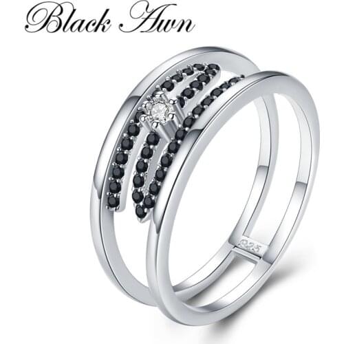 BLACK AWN Trendy 925 Sterling Silver Fine Jewelry Baguet Row Engagement Black Spinel Wedding Rings for Women G017