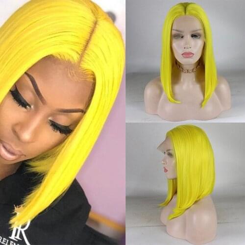 Short Straight Bob Yellow Color Synthetic Lace Front Wig Heat Resistant Fiber Hair Replacement Make Up Wigs For Women Daily Use
