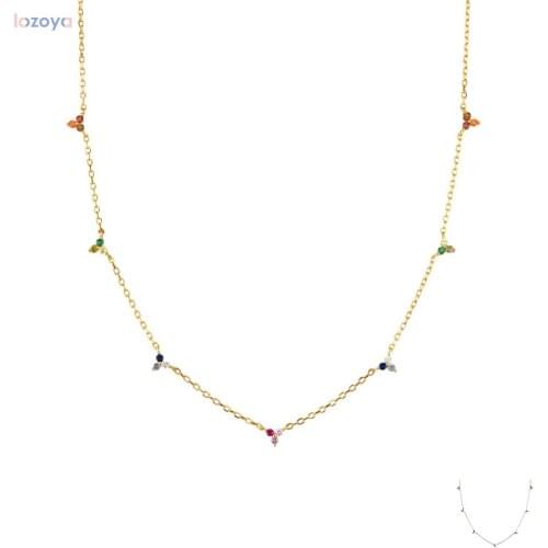 LOZOYA 925 Sterling Silver Rainbow Women Wedding Jewelry Three Zircon Charm Choker Necklace Long Chain Small Gift Luxury