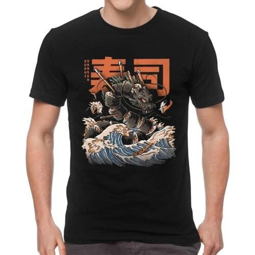 Sushi Dragon Wave T-Shirts Men Novelty T Shirt Short Sleeve Japanese Kaiju Tshirt Food Monster Tshirt Cotton Tee Tops Clothing