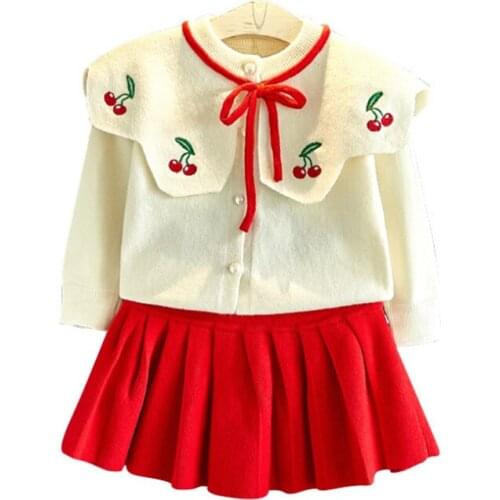 New Childrens Sweater 2020 Autumn Winter New Baby Girl Cherry Cashmere Long-Sleeved Knitted Suit Childrens Skirt 1-6 Years Old