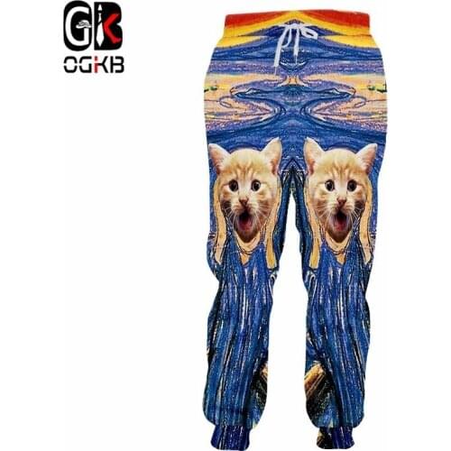 OGKB Fall Winter Casual Sweatpants Mens Funny Print Animal Cat 3D Sweatpants Man Hiphop Long Drawstring Colorful Striped Pants