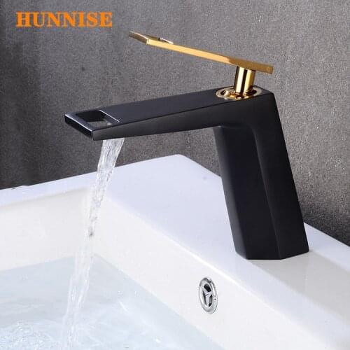 Wholesale and Retail Solid Brass Bath Basin Faucet with 2pcs Hose Hot and Cold Waterfall Bathroom Basin Faucet Mixer Black Gold