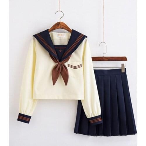 2020 Autumn Japanese School Uniforms For Girls Cute Long-length Sailor Tops Pleated Skirt Full Sets Cosplay JK Costume Series