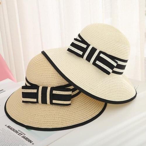 Simple Foldable Wide Brim Floppy Girls Bow Straw Hat Sun Hat Beach Women Summer Hat UV Protect Travel Cap Lady Cap Female