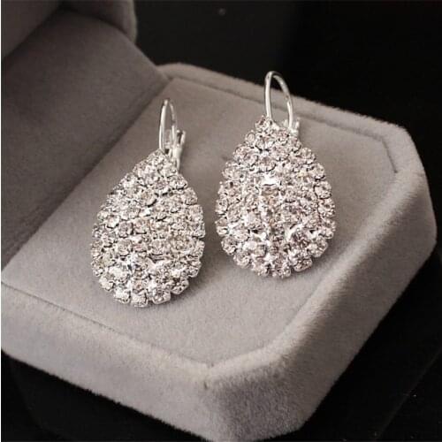 Silver Color Crystal Wedding Bridal Hoop Earrings for Women Big Teardrop Long Earrings Brides Engagement Jewelry EF022