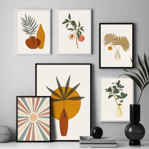 Vase Peach Sun Line Plant Leaves Abstract Wall Art Canvas Painting Nordic Posters And Prints Wall Pictures For Living Room Decor