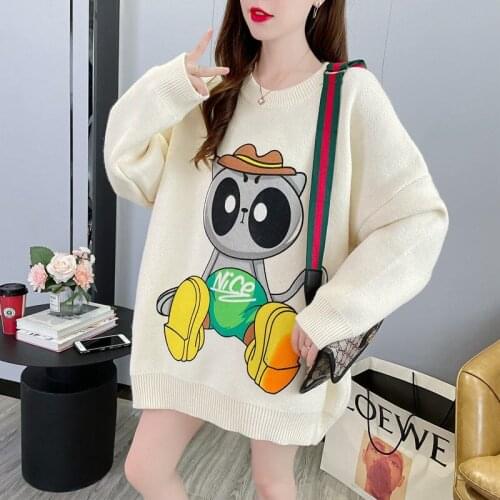 New College style Cartoon Sweater Women Autumn Winter O-Neck Pullover Mid-Length Sweater Loose Oversized Ladies Knitwear TT0179