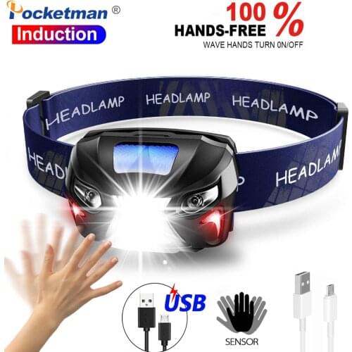 Brightest Rechargeable Headlamp Body Motion Sensor Headlight Front Torch Lantern Camping Light Lamp With Built-in Battery USB