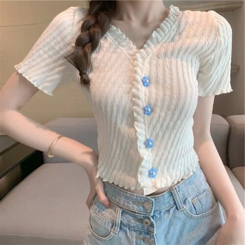 Tshorts Women Summer New 2021 Button Fashion Korean Tops Female Office Lady Sweet SHORT Sleeve Solid V-Neck Tees Femme S0193