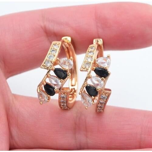 Gold Color Women Fashion White Black Cubic Zirconia CZ Flower Huggie Hoop Earrings Jewelry