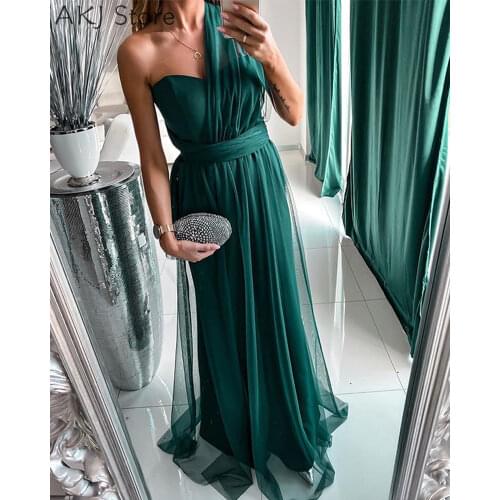 Women Elegant Mesh One Shoulder Evening Maxi Dress Solid Maxi Dress Sleeveless Sexy Mesh Party Dress