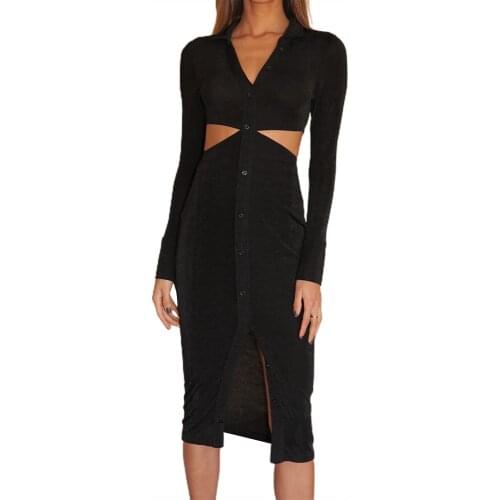 Women Close-fitting Hollow Out Dress Solid Color Turn-down Collar Long Sleeve S/ M/ L/ XL