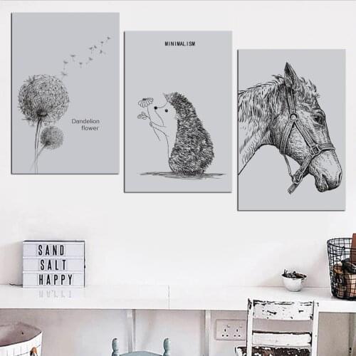 Animal Horse Dandelion Minimalism Wall Picture Art Frames Posters and Prints Canvas Painting Scroll Art Nordic Decoration Home