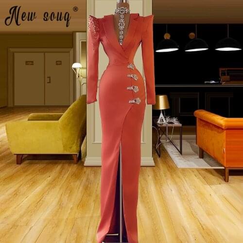 Deep V Neck Satin Celebrity Dresses Crystals Beaded Evening Gowns African Long Sleeve Prom Gown Split Side De Soiree Real Photos