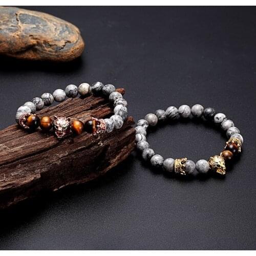 Natural stone beads wolf bracelet 8mm beaded crown bracelets for men pulseras jewellery men bileklik accessories bijoux homme