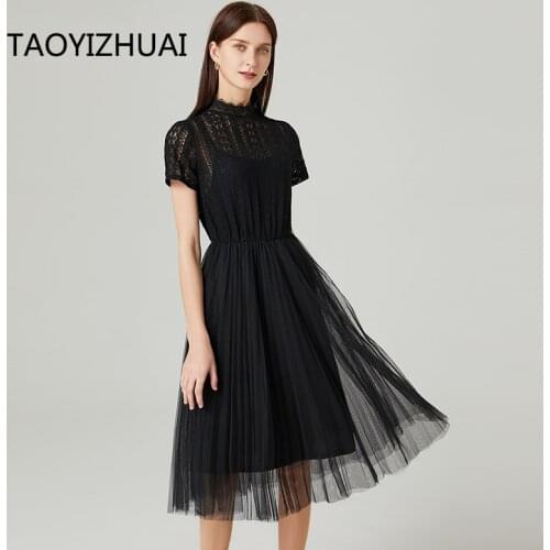 Brand lace mesh stitching ins style dress European and American elastic waist French small black dress plus fat plus size