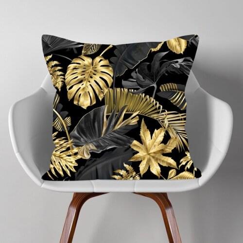 Golden Exotic Leaves Cushion Covers Flower Palm Tree Pillow Case Beige Linen White Polyester 45X45cm Sofa Decoration