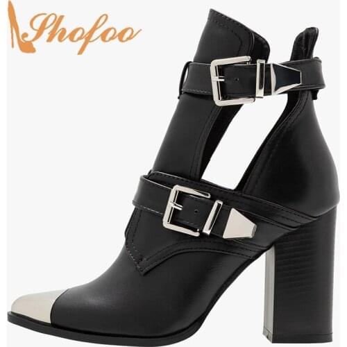 Black Punk High Chunky Heels Ankle Boots Metal Cap Pointed Toe Woman Buckle Strap Ladies Spring Booties Shoes Large Size 45 46