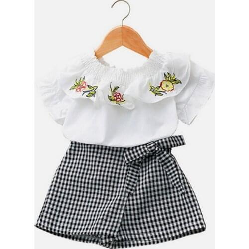 2019 children girls summer cute raglan sleeve embroidery flower T-shirt + Plaid skirts clothing sets 2-7 years