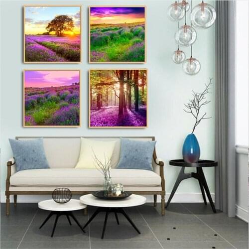 Purple Lavender Flower Field Landscape Triple Decorative Painting Home Living Room Mural Frameless Cuadros Decoracion Salon