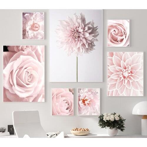Pink Plant Flower Canvas Painting Home Decor Warm Color Picture Islamic Style for Girls Bedroom Livingroom Wall Art Decor Poster