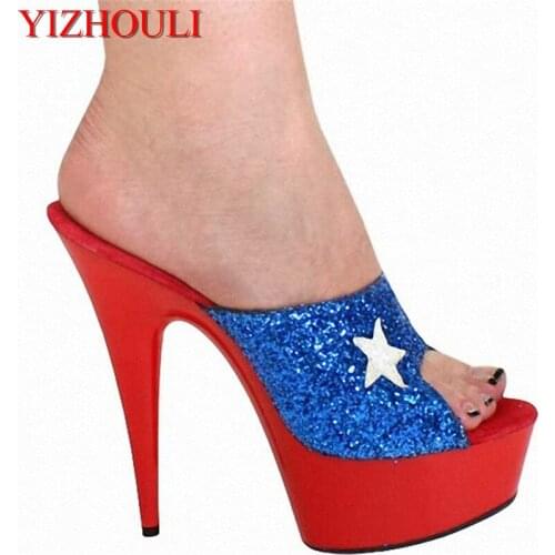 15cm Sexy Gorgeous Blue Glitter Star Slippers Womens Sandals Metal Color 6 Inch High Heel Slippers