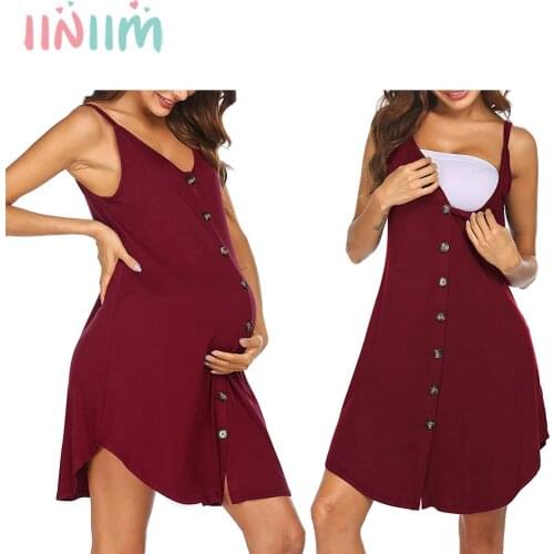 Iiniim Pregnant Women Summer Nightdress Spaghetti Shoulder Straps V Neckline Solid Color Sleepwear for Nursing Breastfeeding