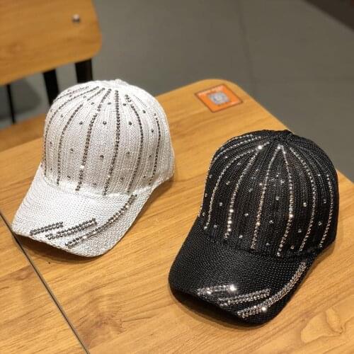 Summer Ladies Baseball Cap Polyester Satin Fashion Shade Net Hollow Breathable Rhinestone Striped Pattern Velcro Closur Strap