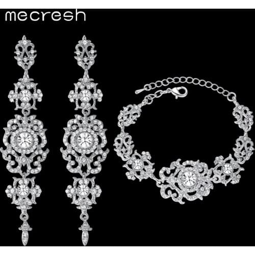 Mecresh Gold Color Crystal Bridal Jewelry Sets Floral Pattern Long Earrings Bracelet Set 2018 Fashion jewelry SL031+EH182