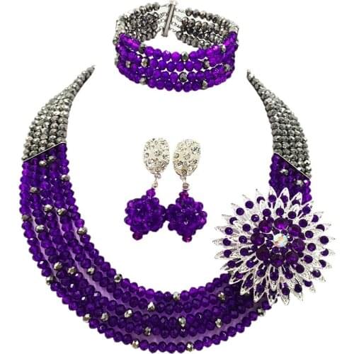 Fashion Silver Purple Nigerian Wedding Necklace Costume African Beads Jewelry Set Crystal 5L-ZJ036