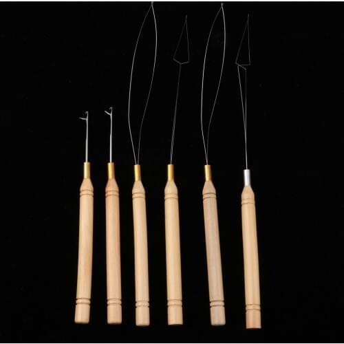Professional 6Pcs Micro Rings Wooden Handle Loop Needle Extension Hook Threader Tools Set