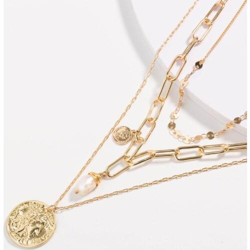 Portrait Embossed Simulated Pearl Pendant Necklace Fashion Jewelry Metal Chain Geometric Punk Chunky Choker Necklaces For Girls