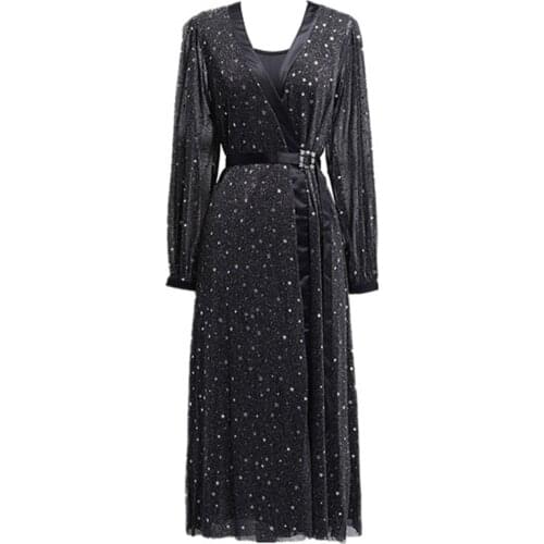 PERHAPS U Black Star Lurex V Neck Rhinestone Sash Split Long Sleeve Maxi Long Dress Sexy Bling Autumn D0470