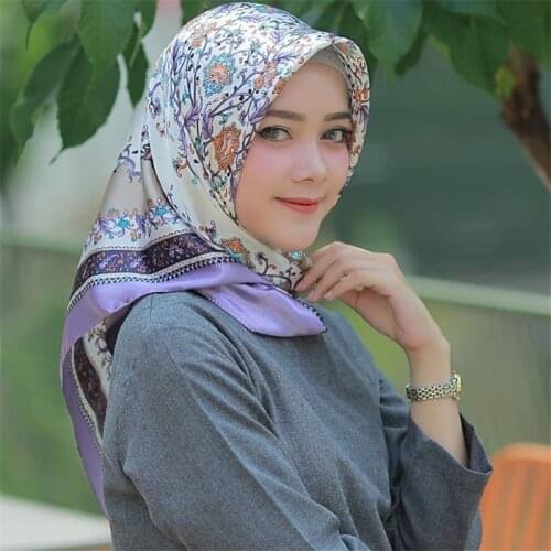 90*90cm Women Stain Silk Square Scarf Muslim Head Scarves Hijab Femme Musulman Floral Print Bandana Ladies Neck Hair Scarfs