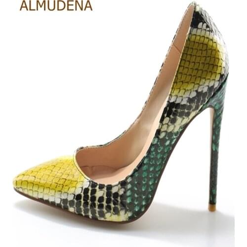 ALMUDENA Women Sexy Green/Yellow Patchwork Snakeskin Banquet Shoes Shallow Pointed Toe Pumps Python Celebrity Heels 12cm Heels